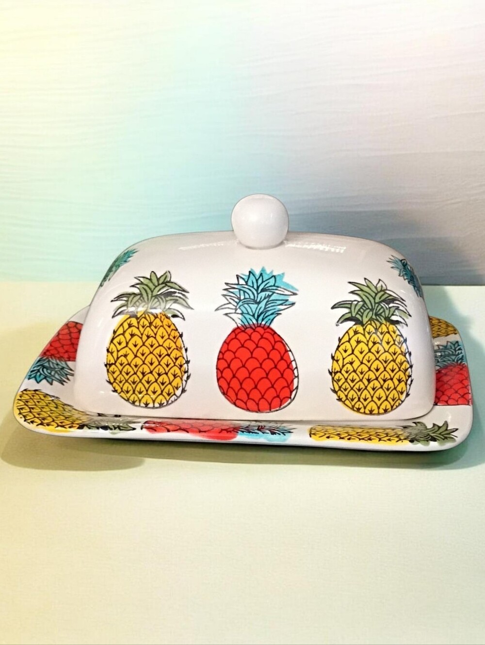 Signature Housewares Pineapple Butter Dish, Retro Tropical Colorful